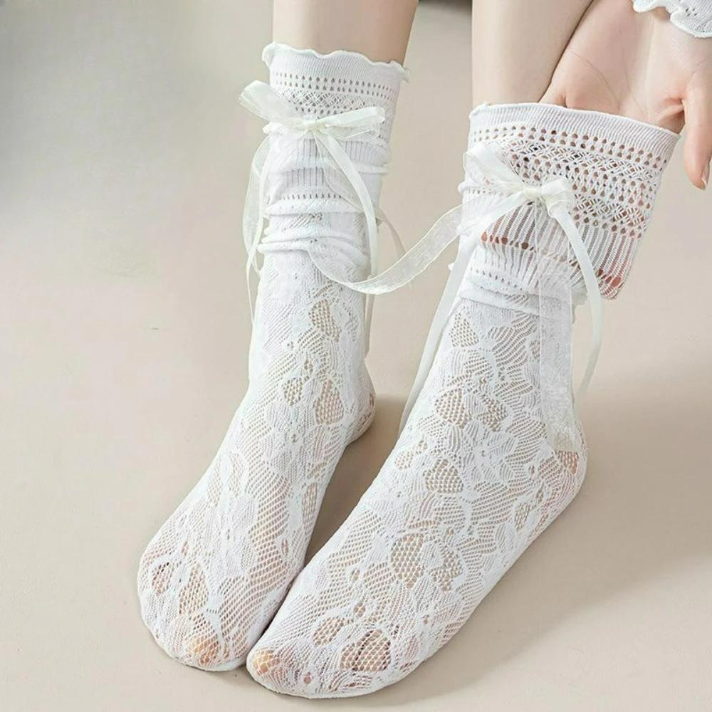 

1/2Pairs Japanese Lace Bow Ribbon Socks Elasticity Breathable Cotton Socks Girls Pile Transparent Elasticity Mid-tube Stockings One Size