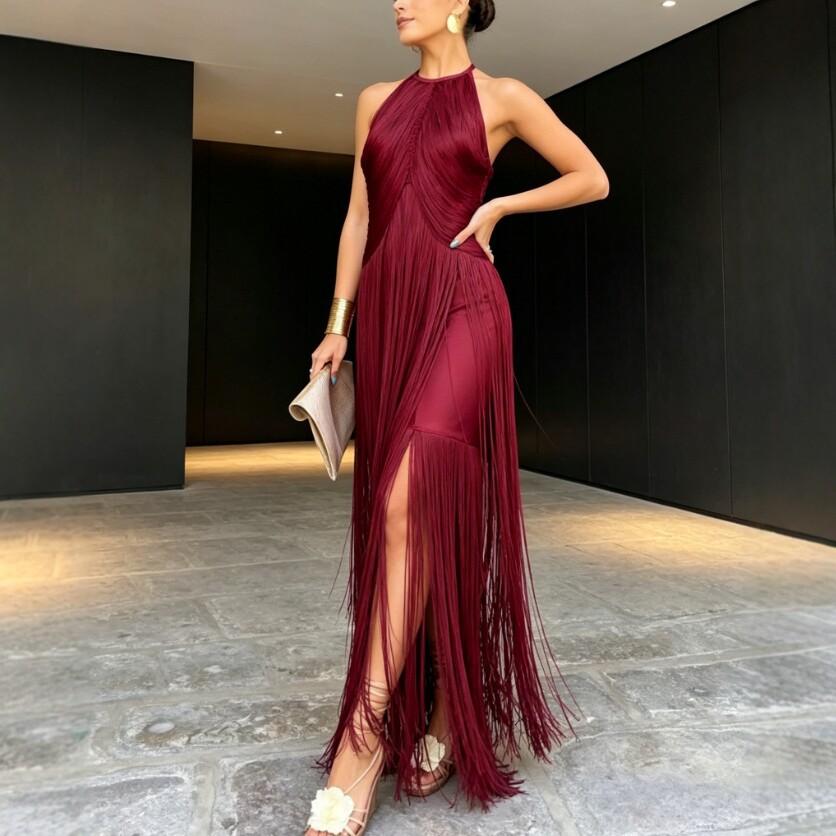 Spring and Summer European and American Neck Fringed Long Dress Women's Sleeveless Slim Temperament Dress Dress Dress Dress Factory Spot