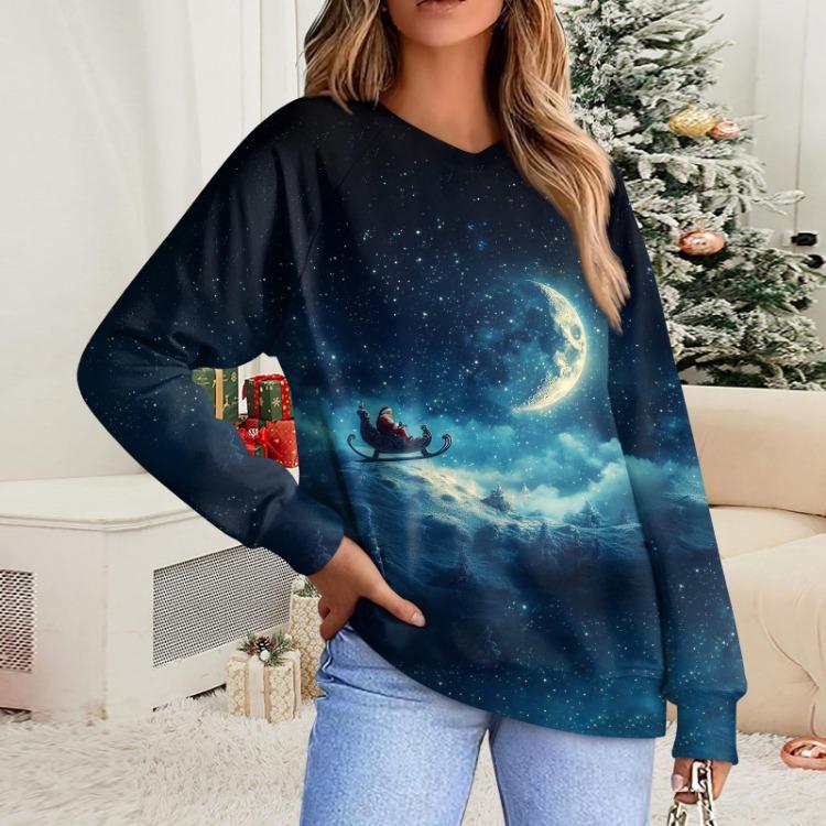 

Женский повседневный удобный пуловер с V-образным вырезом и рукавами реглан с рождественским принтом, модный топ XXXL