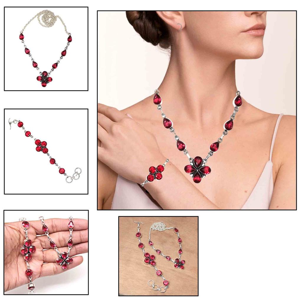 Pink Tourmaline Quartz Gemstone Jewelry Necklace Set 18-20''