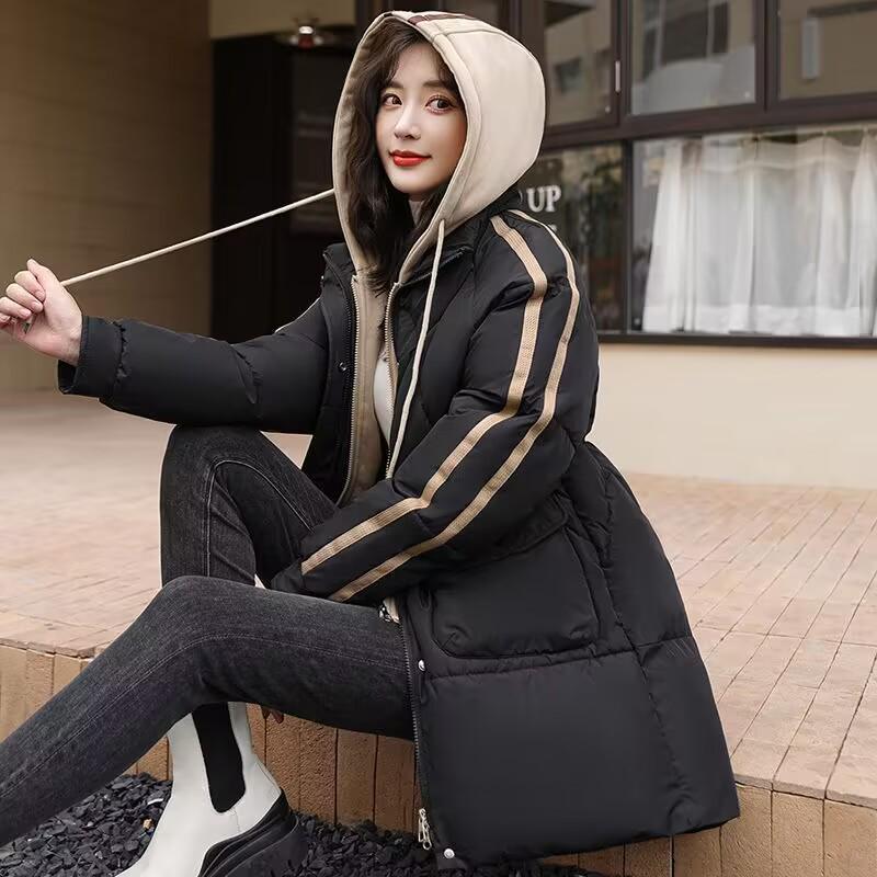 

Женское 2023 Пуховое хлопковое пальто средней длины с капюшоном и цветными блоками - Толстая, морозостойкая зимняя верхняя одежда 3XL чёрный