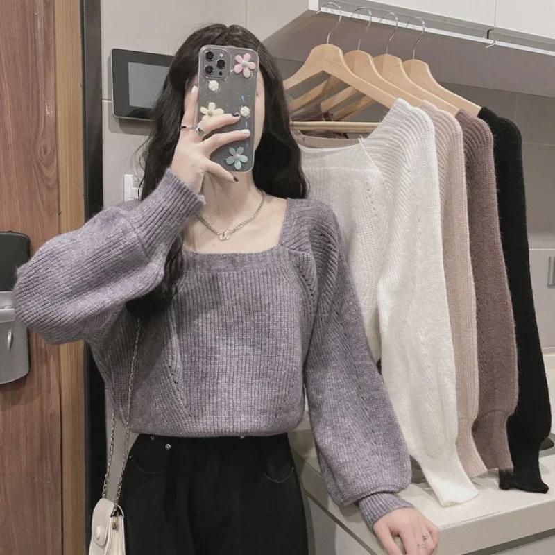 Women's Thickened Lantern Sleeve Sweater - Autumn/Winter Square Collar Trendy Design