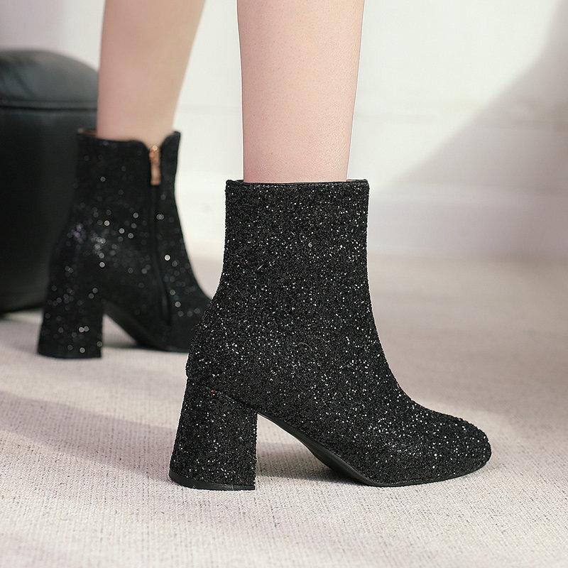 Women's Short Boots Autumn and Winter Grit Metal Sequins Women's and Ankle Boots Gold Silver Thick Heel High Heel Round Head Women's Short Boots