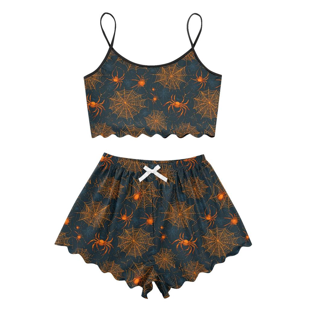 Women's Halloween Set With Retro Floral Print Suspender Sleeveless Vest Shorts Pajama Set
