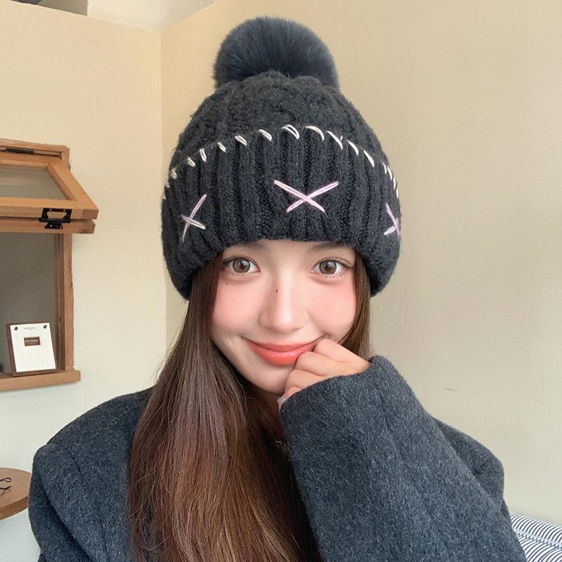 Knitted hat women's velvet thickened warm cold hat versatile ear protectors loose big head circumference hairball wool hat