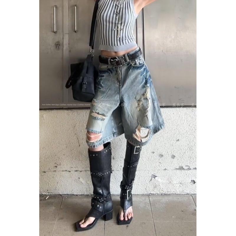 

Модные Уличные Стильные Джинсовые Шорты с Дырками для Детей Лето 2025 Ретро Поношенный Вид Выбеленные Широкие Шорты Cropped pants 3XL