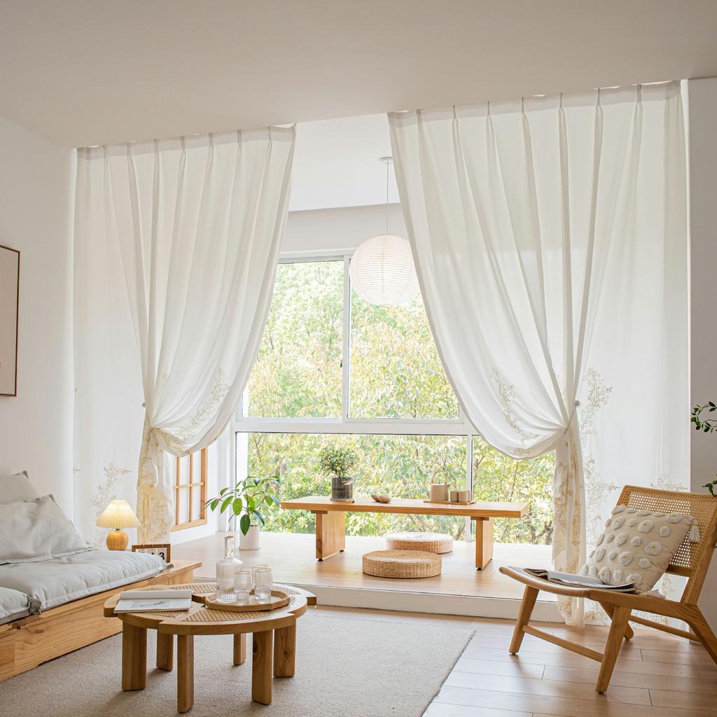 Trendy Embroidered Voile Curtains for Bedroom Living Room Windows Floral Sheer Drapes Country Style