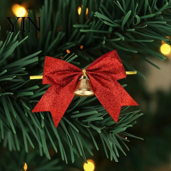 Decorative Bows with Bells 2 Pcs Christmas Bell, 4 Inch Glitter Ribbon Bows, Pre Tied Hanging Holiday Ornaments Xmas for Gift Wrapping, Wreath, Tree,