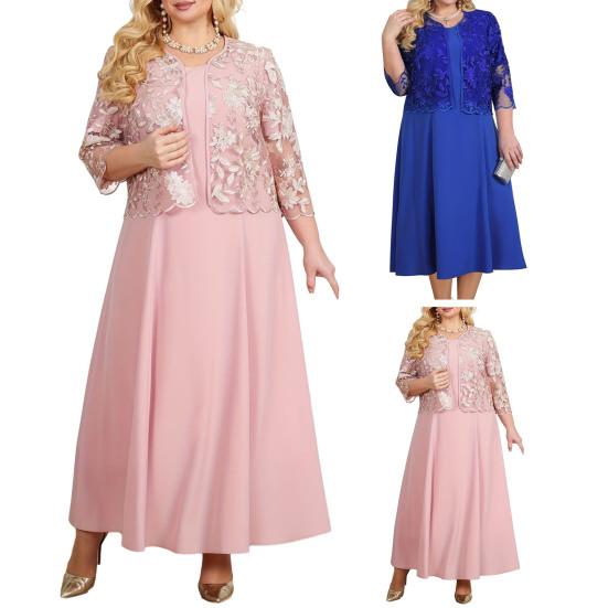 2Pcs/Set Women Plus Size Party Outfit O-neck Short Sleeve Loose Hem Midi Dress Hollow Out Embroidery Lace Floral Coat Set