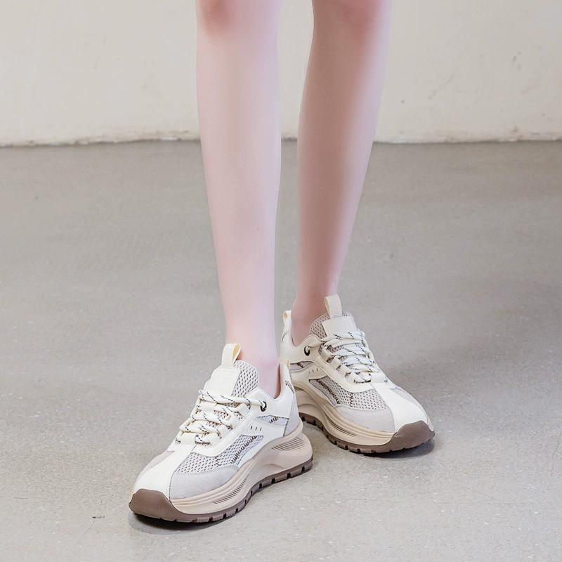 GKTINOO 2025 Spring Platform Sneakers Women Genuine Leather Mesh White Shoes Round Toe Lace-Up Thick Sole Flats Ladies Shoes