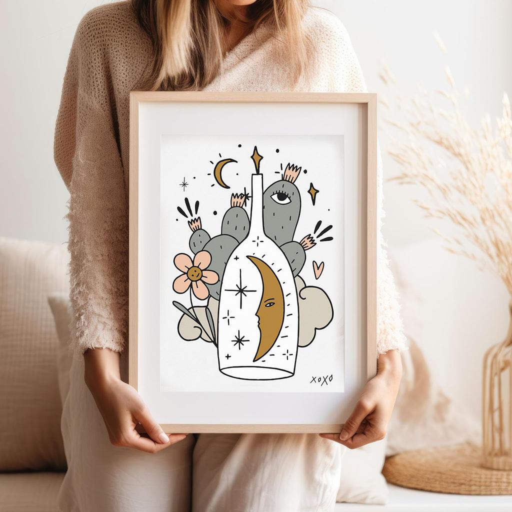 Plakat ilustracja księżyc kaktus