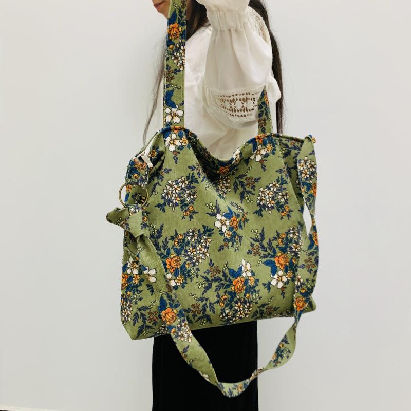 Fashion Retro Floral Print Bag Large-Capacity Corduroy Shoulder Bag Casual Small Fresh Canvas Crossbody Bag