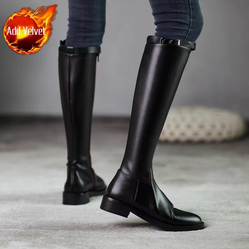 Fashion Black Elegant with Low Heels Pointed Toe Leather Women's Long Boots 2025 Autumn Winter Fleece-Lined Ladies Knee High Shaft Shoes