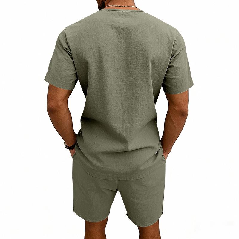 Men's Linen V-Neck Short Sleeve T-Shirt and Shorts Set - Solid Color Beach Casual Wear