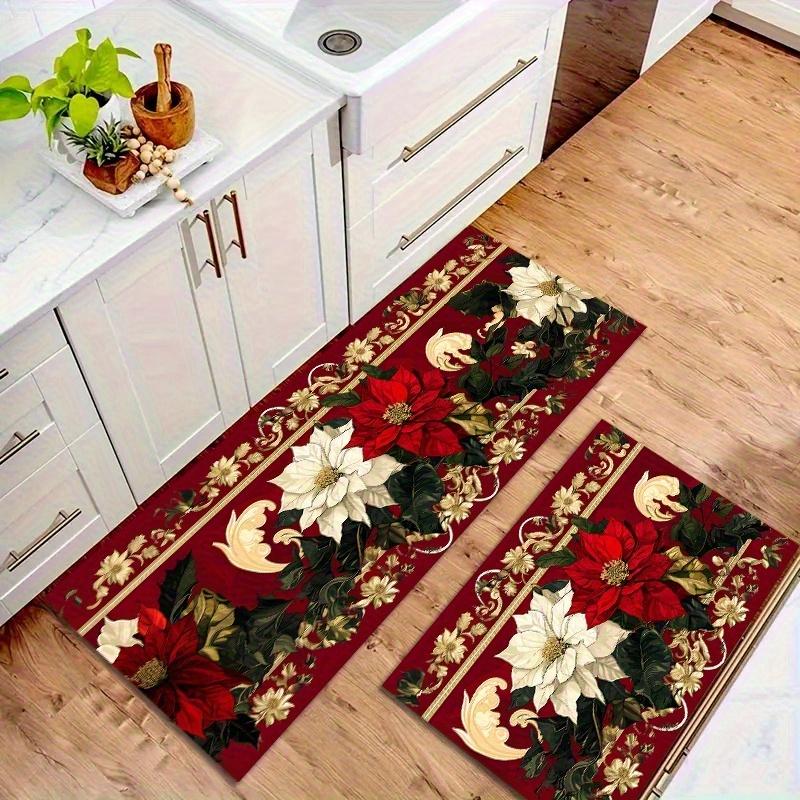 Set Christmas Kitchen Floor Mats Non Slip Washable Poinsettia Golden Border Runner Rug for Family Xmas Holiday Decor