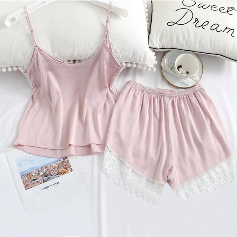 Women's Silk Satin Pajamas Set Sling Simulation Silk Pajamas Casual Wear M~XL