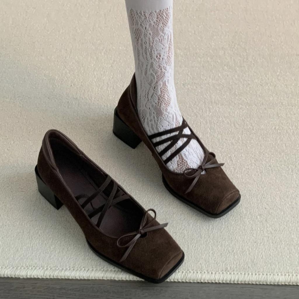 Bow Ballet Single Shoes Autumn and Winter 2025 New Brown Retro Square Head Thick Heel Mary Jane Shoes Women's Shallow Mouth
