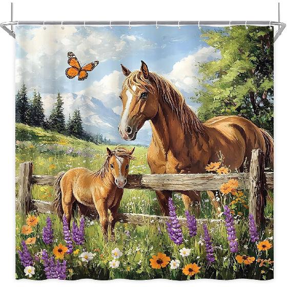 Western Horse Shower Curtain Rustic Farmhouse Animal Colt Wooden Fence Nature Grassland Wildflower Butterfly Country Farm Nature Landscape Fabric