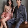 Couple Pajamas Women's Wedding Red Spring and Autumn Ice Silk Suspender Morning Robe Sexy Silk Two-piece Suit Men's Wedding Nightgown