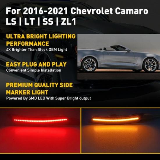 For Chevy Camaro 2016- Front & Rear LED Bumper Full Side Marker Light Smoked