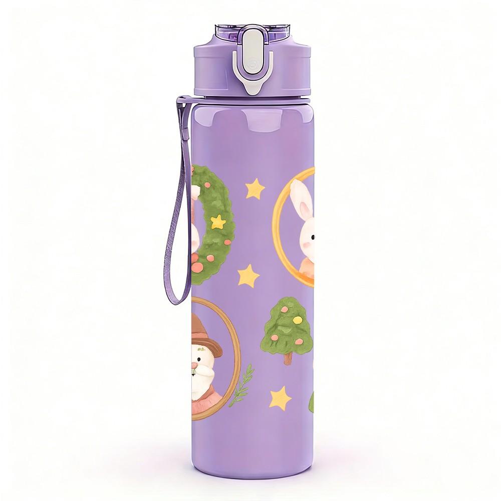 1PC Christmas Wreath Santa Figure Pattern 750ml Color Plastic Sports Water Bottle Leakproof Flip Straw Lid Suitable for Sports Office Home Use