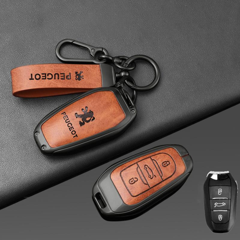 Zinc Alloy Leather Car Smart Key Case Shell Cover O Protector Fob for Peugeot 308 408 508 2008 3008 4008 5008 Keychain Accessories