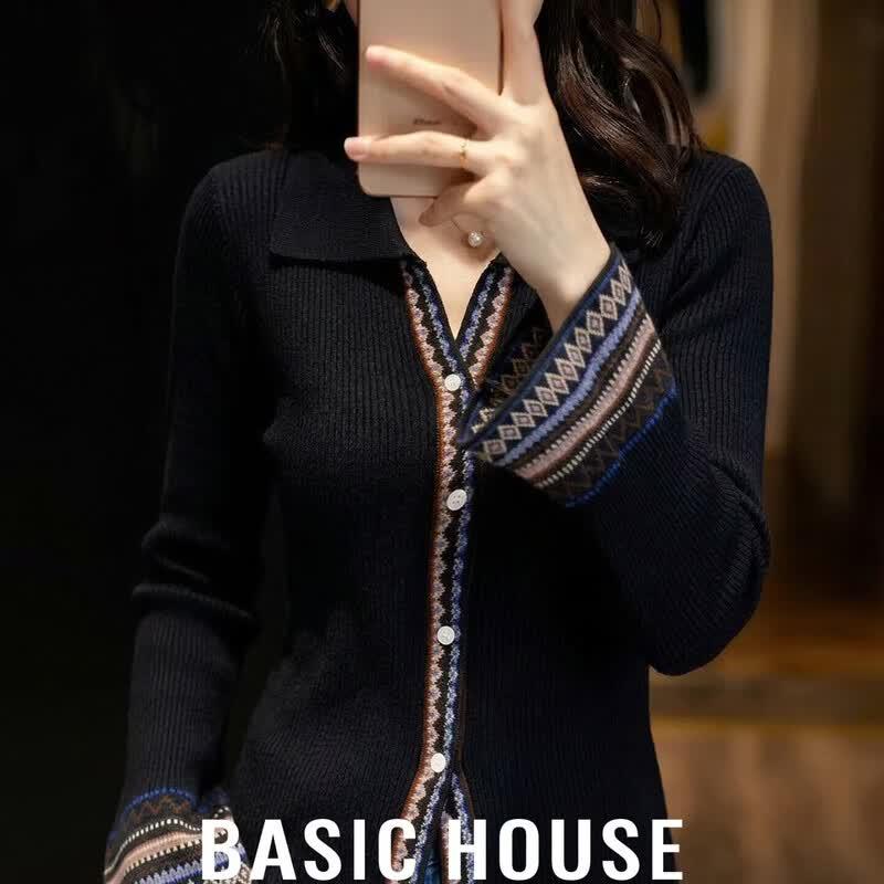 Basic House Women s Retro Jacquard Knit Cardigan L