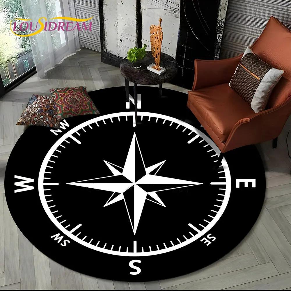 3D Retro Kompass Serie Kreis Teppich,Runder Teppich für Wohnzimmer Schlafzimmer Sofa Fußmatte Dekor Rutschfeste Bodenmatte Geschenk