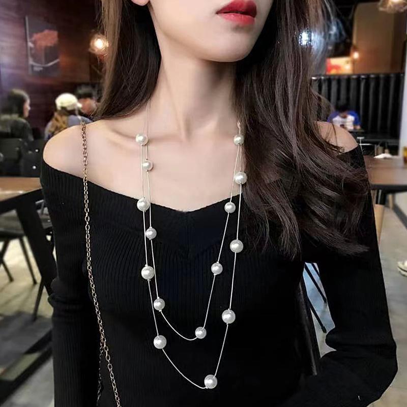 Elegant Double Layer Simulated Pearl Sweater Necklace For Women Female Collares Long Chain Necklace