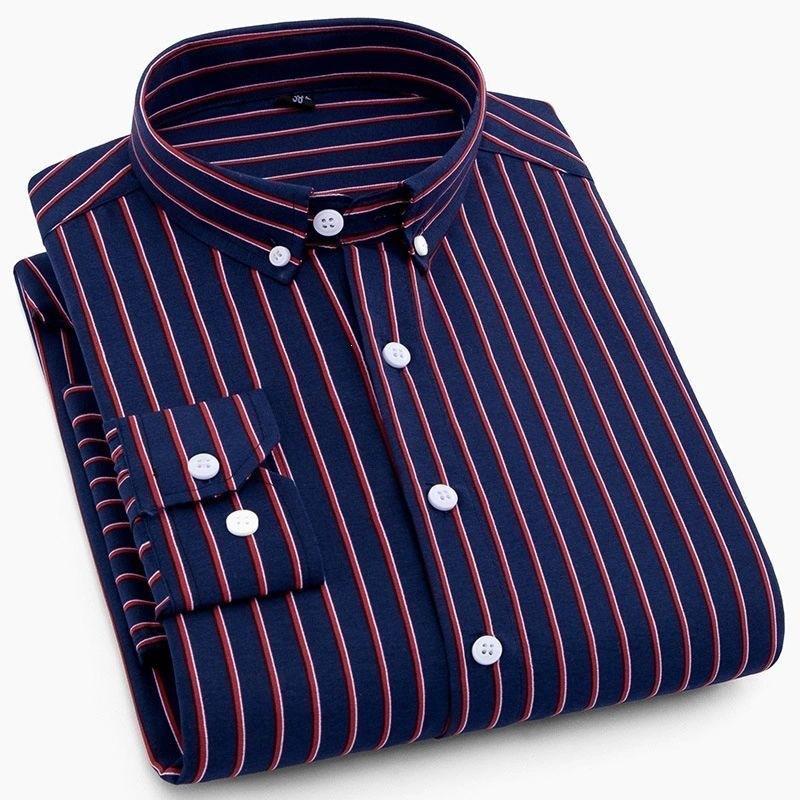 Mens Dress Shirts Striped Long Sleeve Plaid Checked Shirt Smart Casual Business Non-Ironing Korean Slim Fit Formal Blue White