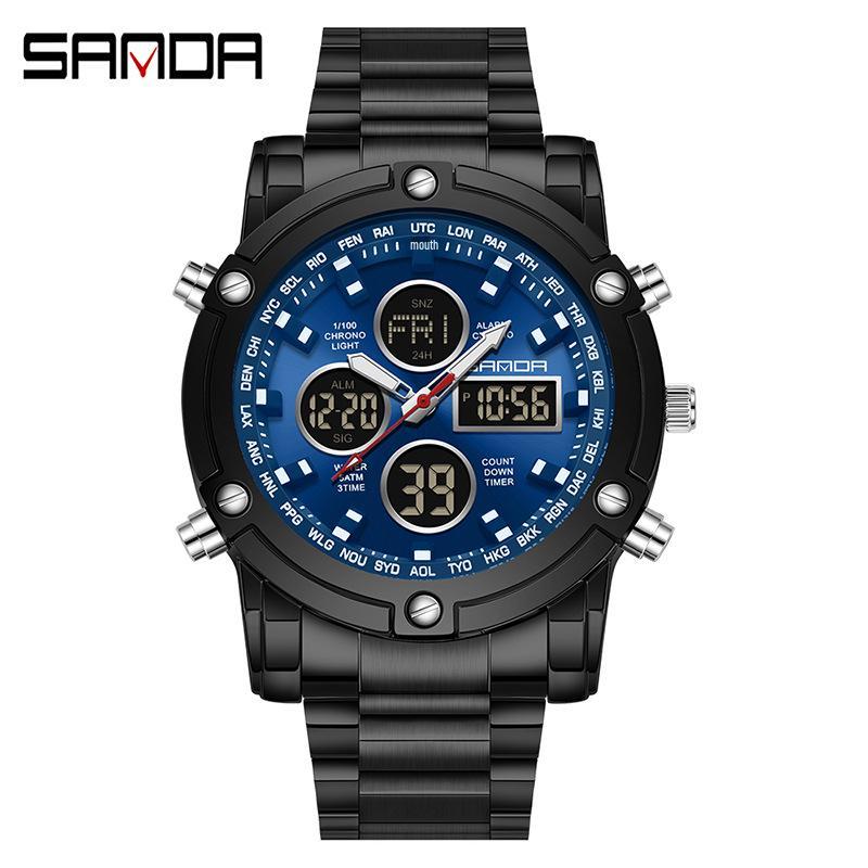 Sanda Dual Movement 5ATM Waterproof Multifunctional Steel Band Men's Watch with Alarm Clock