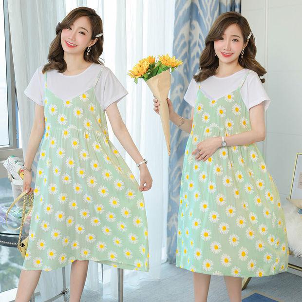 2025 Celebrity-Inspired Maternity Summer Two-Piece Patchwork Dress - Short Sleeve, Mid-Length, Loose Fit