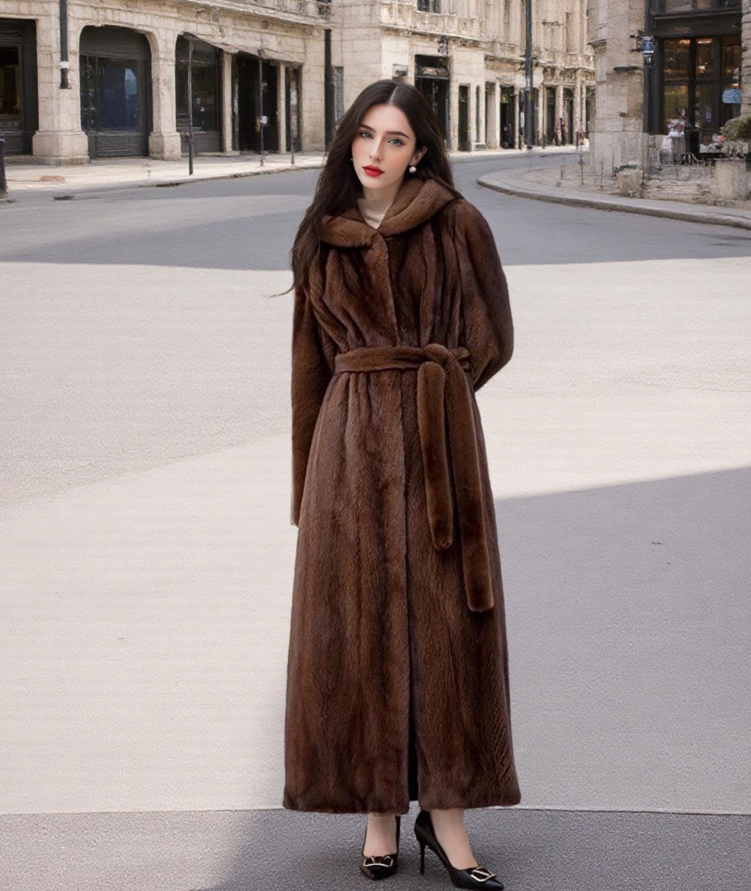 Faux Fur Hooded Coat With Belt
