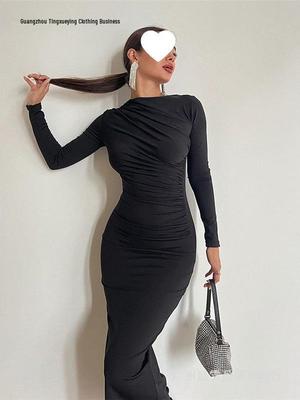Elegante Vestido Bodycon de Cuello Redondo de Manga Larga Ajustado de Estilo Europeo