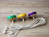 Traditional wooden colored throwing set of 3 toy, tops, (green, yellow, purple)