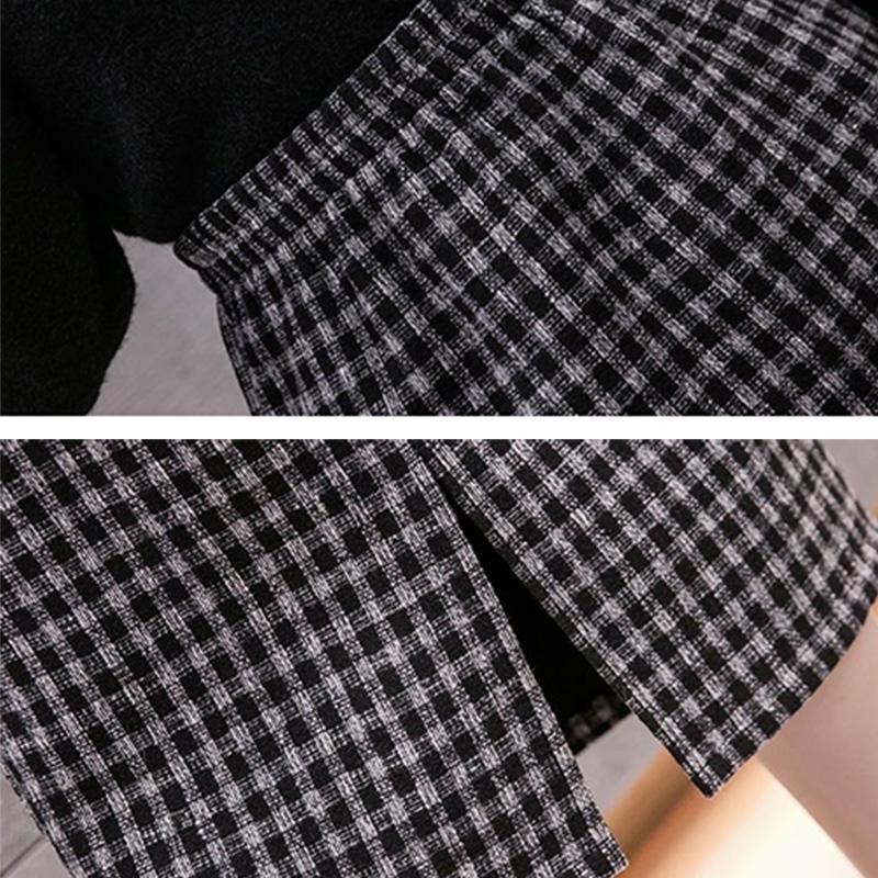 Kostkovaná sukně Houndstooth pro ženy Podzim a zima s fleecem zesíleným nad kolena Středně dlouhá rovná sukně s dělenými boky