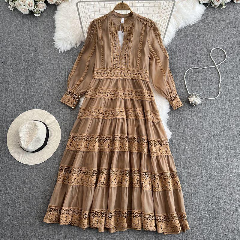 

French Vintage Court Style Temperament Long Sleeve V-neck Waist-Controlled Slimming Lace Patchwork Mesh Dress Fairy Skirt Khaki L
