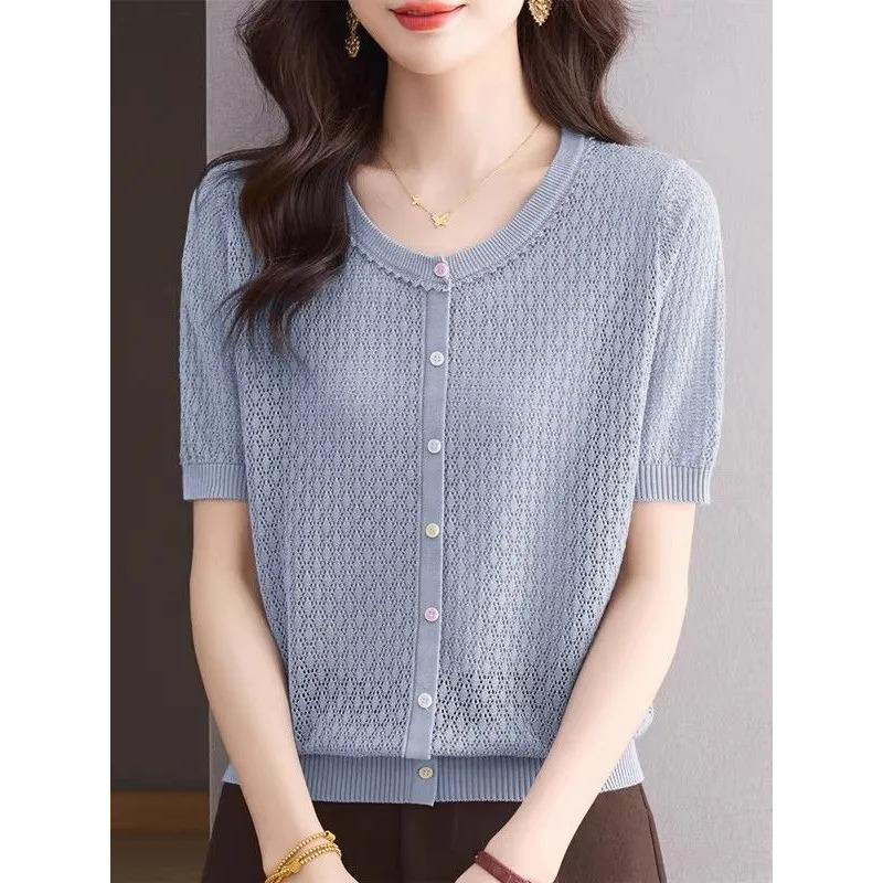 Women's Grey Openwork Knit Short Sleeve CardiganComfortable Round Neck Button Down Summer Top