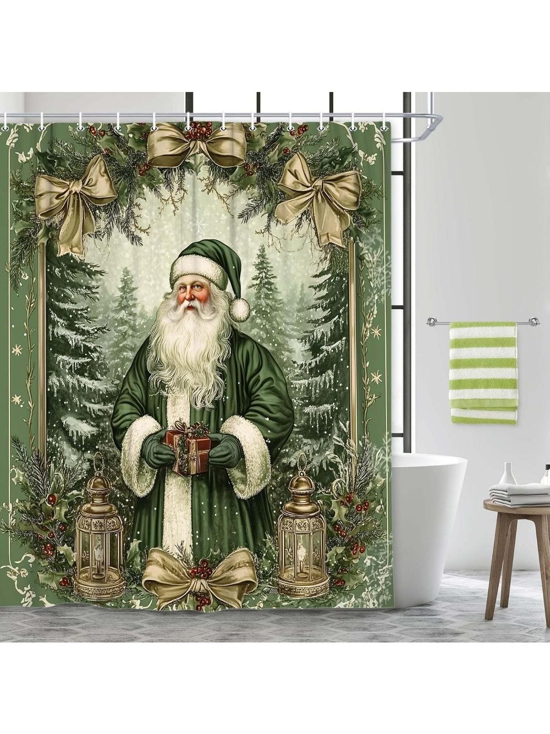 

Винтажная Рождественская Шторка для Душа, Милый Ретро Викторианский Дед Мороз Счастливого Рождества Набор Шторок для Душа Ванная Комната, Зеленое Рождество 90x180CM