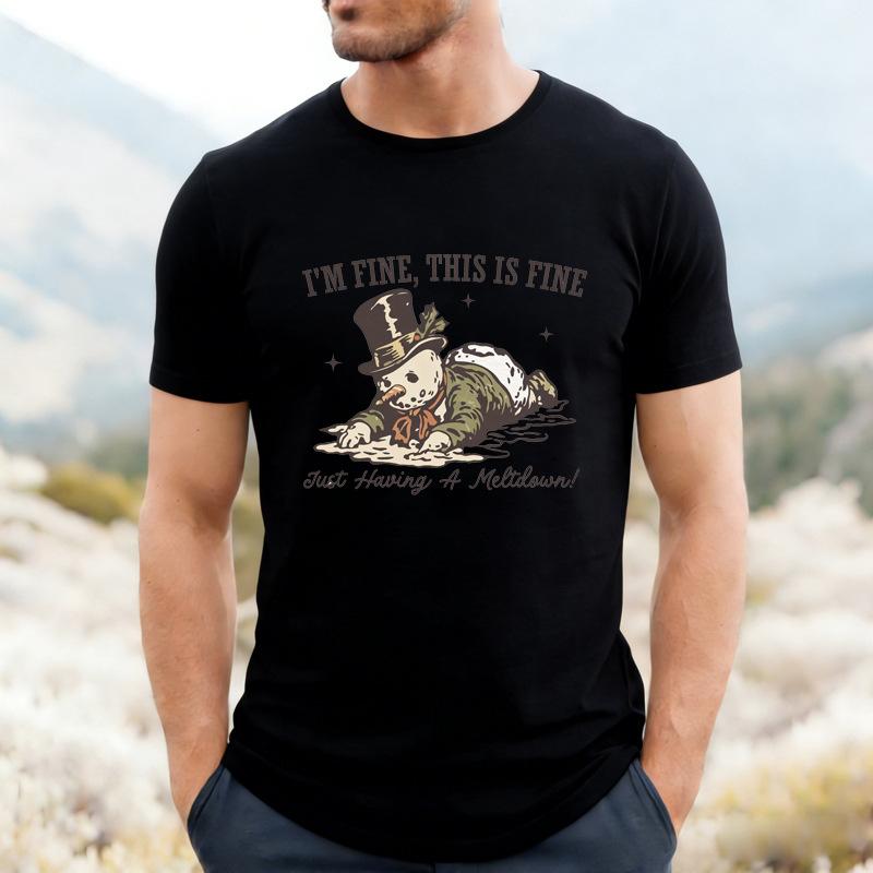 Fun Melting Snowman English Printed Men's T-Shirt Cross-Border Christmas Funny Crew Neck Short Sleeve Comfortable Casual T-Shirt