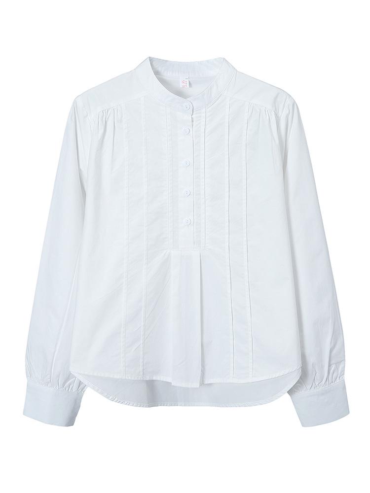 

Women s Pleated Stand Collar Long Sleeve Shirt - Loose, Versatile, Elegant Design for Daily Wear S белый