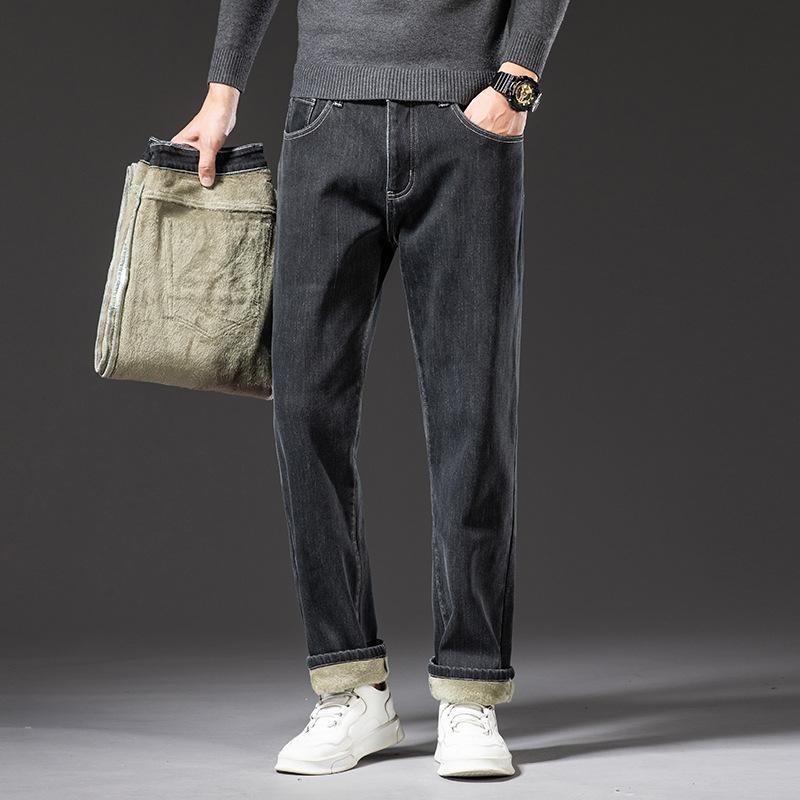 Winter Men's Plush and Thick Jeans Youth Men's Business Slim Fit Large Size Straight Leg Long Pants Clothing