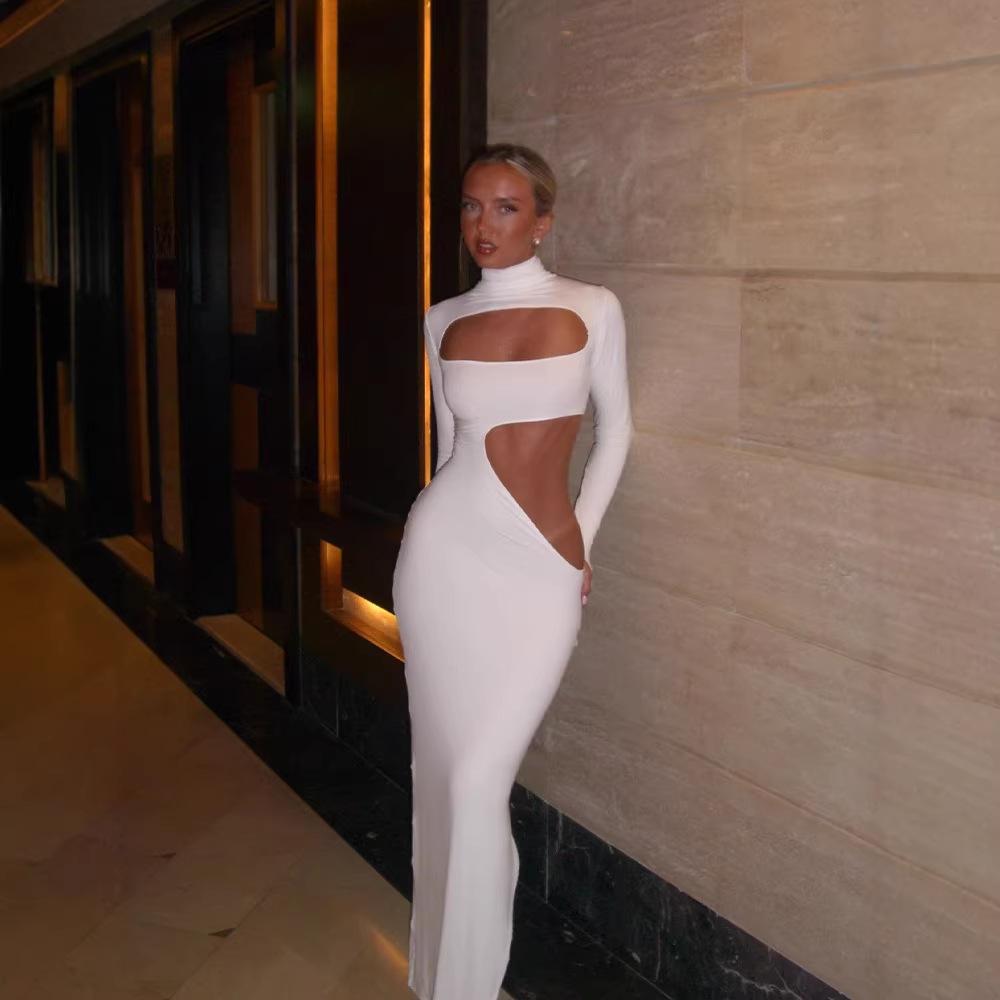 European and American style sexy dress women's clothing turtleneck long sleeves hollow tight slim fit solid color temperament long dress