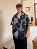 2025SS Fashion Summer Clothes Streetwear Japanese Print Casual Open Collar Rag Pattern Short Sleeve Shirt [CHANGE WELL] Men's (BLUE, XL)