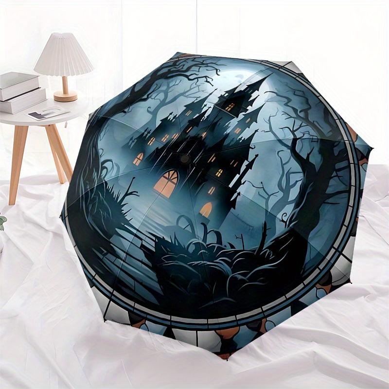1pc Haunted Castle Stained GlassUmbrella with Plastic Handle,Suitable for All Seasons Home Travel Outdoor UmbrellaB1569