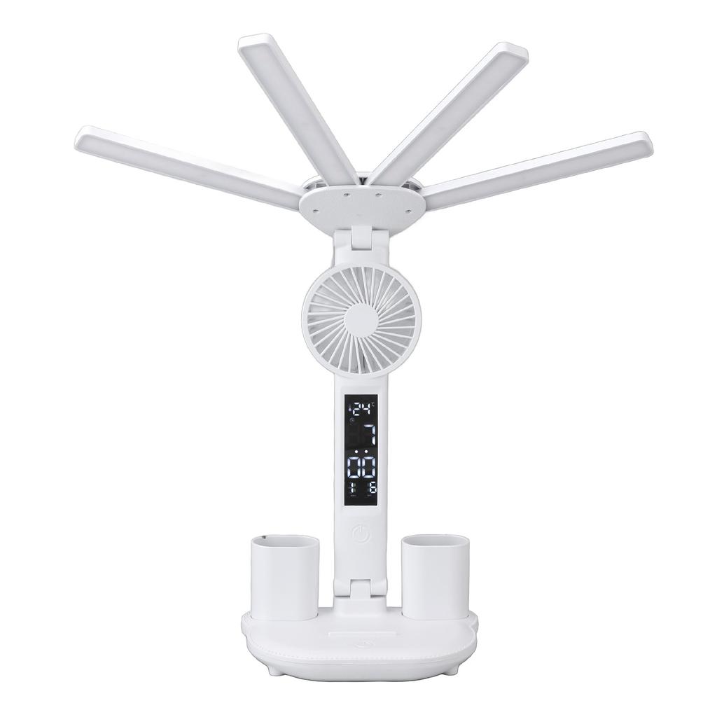 LED Desk Light with Fan Bright 4 Headed Touch Control Adjustable Foldable Table Lamp with Clock Date
