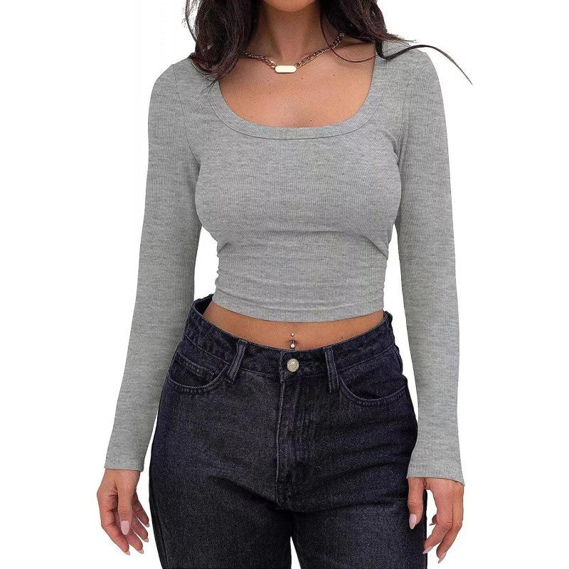 Spring women's tops slim fit short long sleeve square neck T-shirt for hot girls casual and versatile