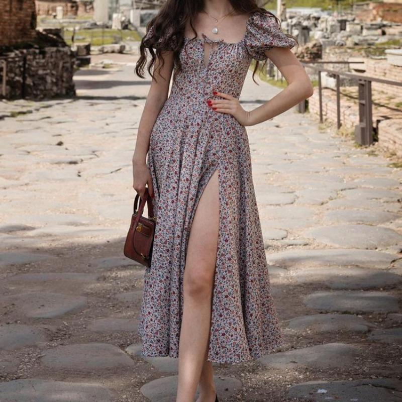 Women Floral Print Square Neck Short Sleeve Lace Up Split Long Dress
