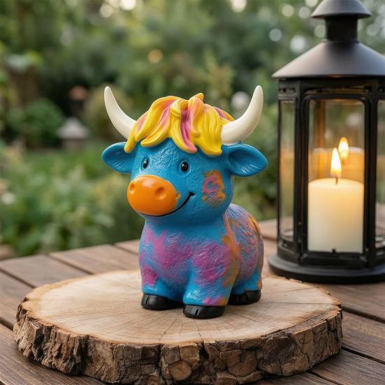 Highland Cow Figurine, Hand Painted Colorful Scottish Resin Statue, Cute Farm Animal Sculpture for Indoor Outdoor Home Garden Shelf Decor