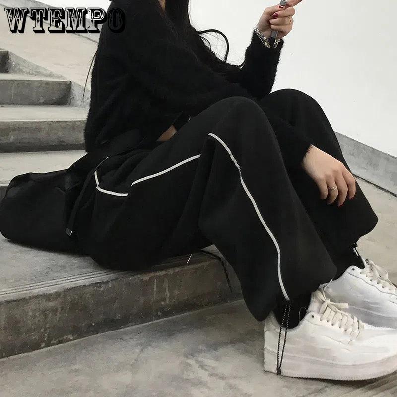 WTEMPO Casual Black Grey Long Pants Women Loose Solid Wide Leg Drawstring Pants Ulzzang All-match Jogger Pants Streetwear